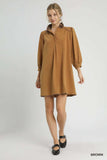 Umgee French Terry Balloon Sleeve Shift Dress with Leopard Print Detail - Trendsi - Flyclothing LLC