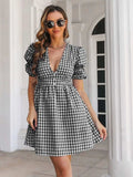Decorative Button Plaid Short Sleeve Dress - Trendsi - Flyclothing LLC