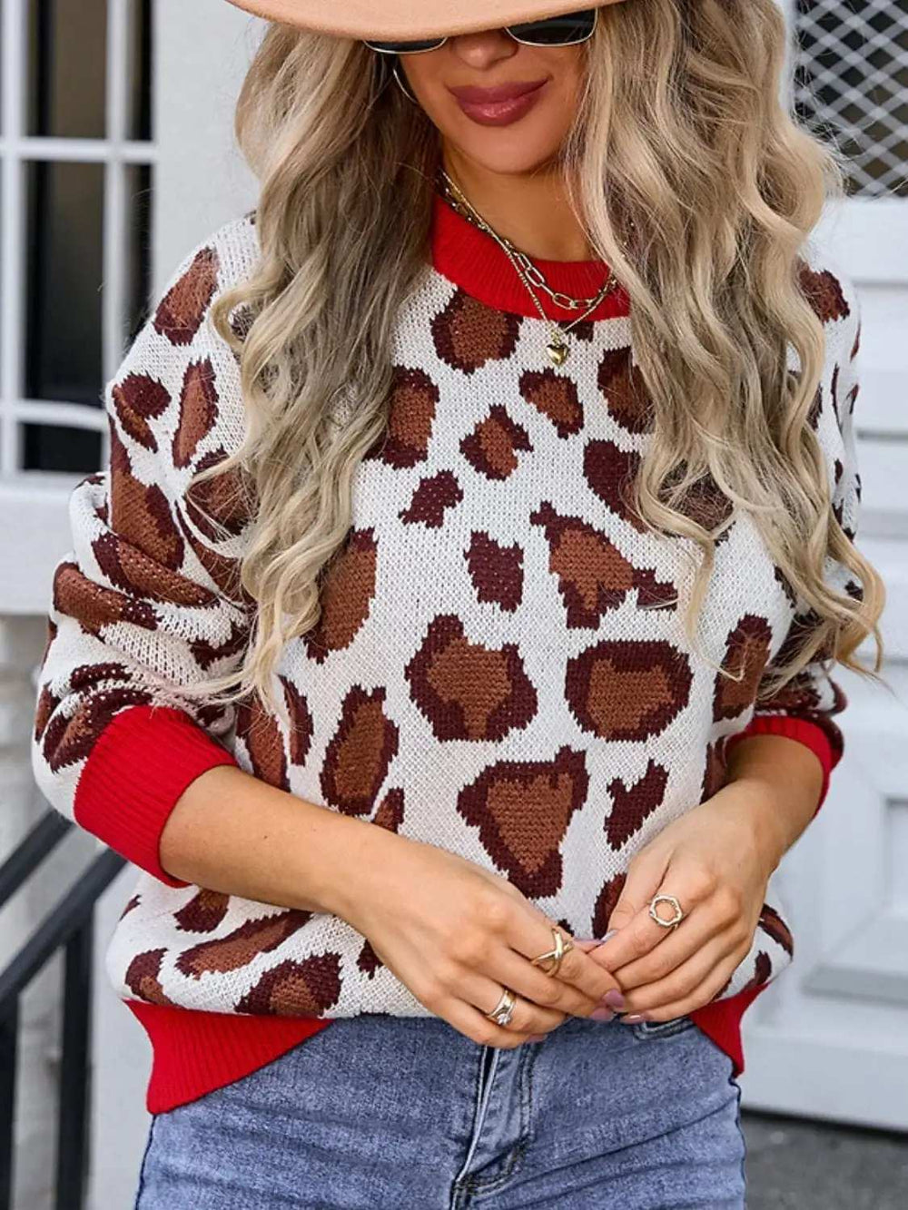 Leopard Round Neck Long Sleeve Sweater - Trendsi - Flyclothing LLC