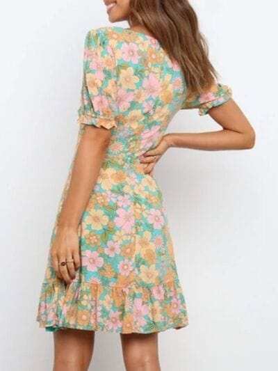 Ruffled Hem Printed Short Sleeve Mini Dress - Trendsi - Flyclothing LLC