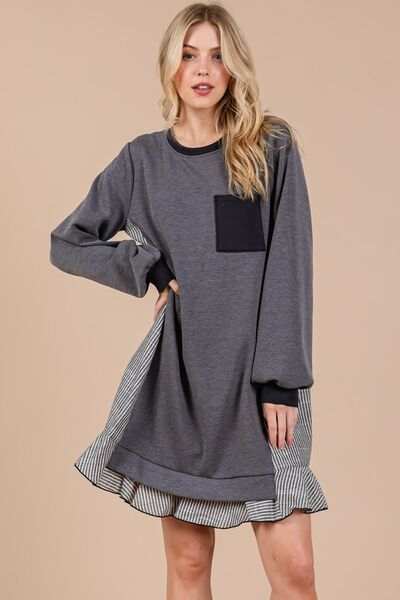 Ces Femme Striped Patchwork Round Neck Terry Sweatshirt Dress - Trendsi - Flyclothing LLC