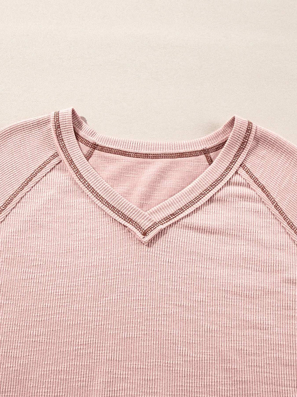 Exposed Seam Ribbed Knit V Neck Top - Trendsi - Flyclothing LLC
