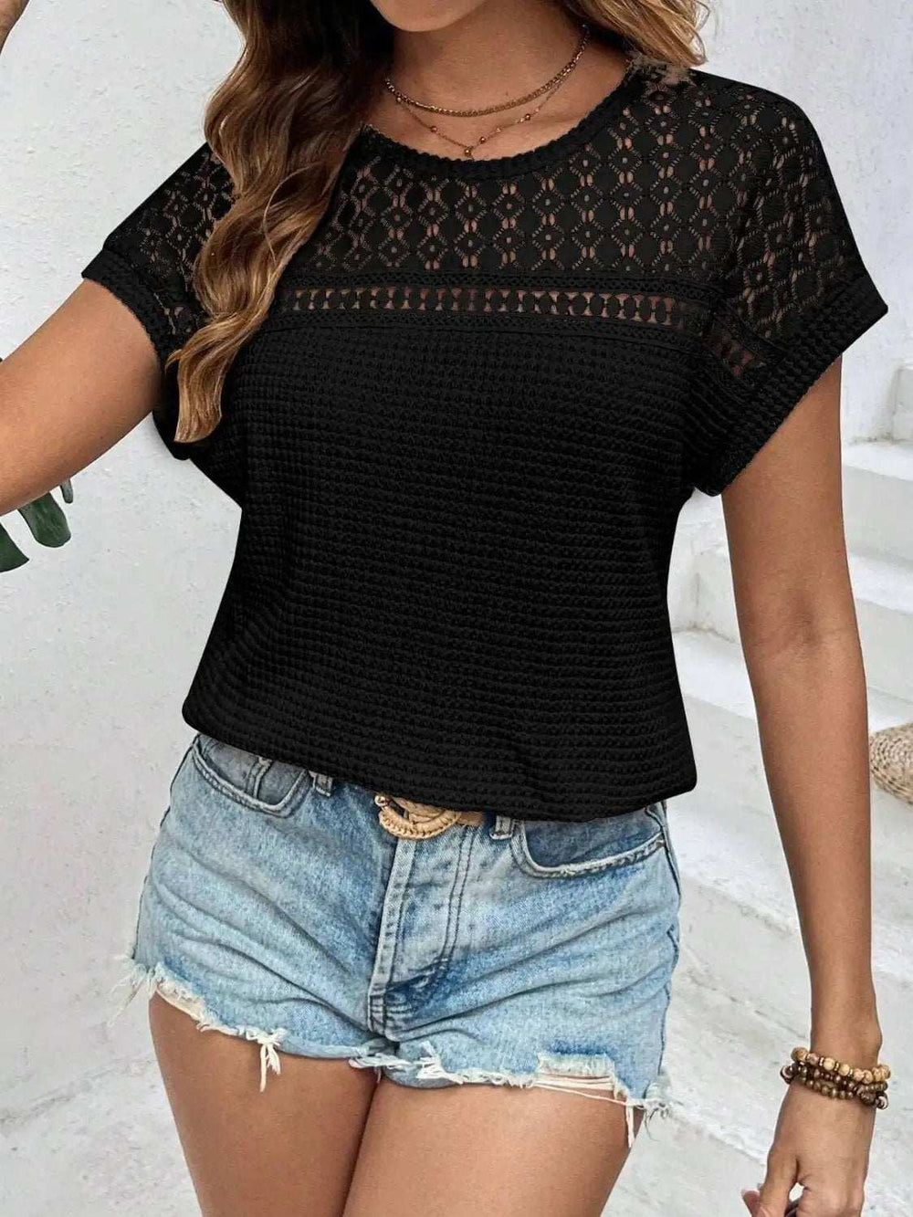 Waffle-Knit Round Neck Short Sleeve Top - Trendsi - Flyclothing LLC