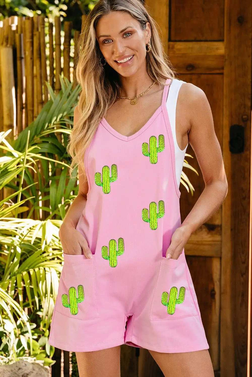Cactus V-Neck Spaghetti Strap Overalls - Trendsi - Flyclothing LLC