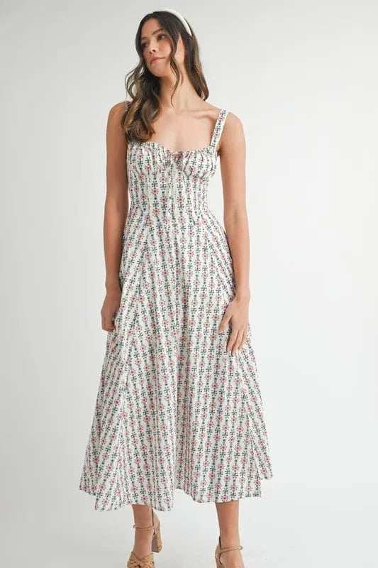 MABLE Floral Print Bustier Back Lace Up Midi Dress - Trendsi - Flyclothing LLC