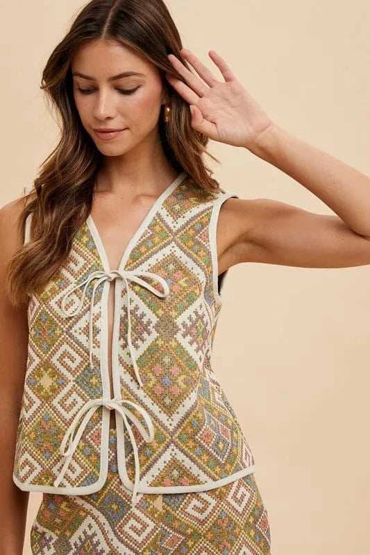 Annie Wear Ethnic Woven Jacquard Tie Front Vest - Trendsi - Flyclothing LLC