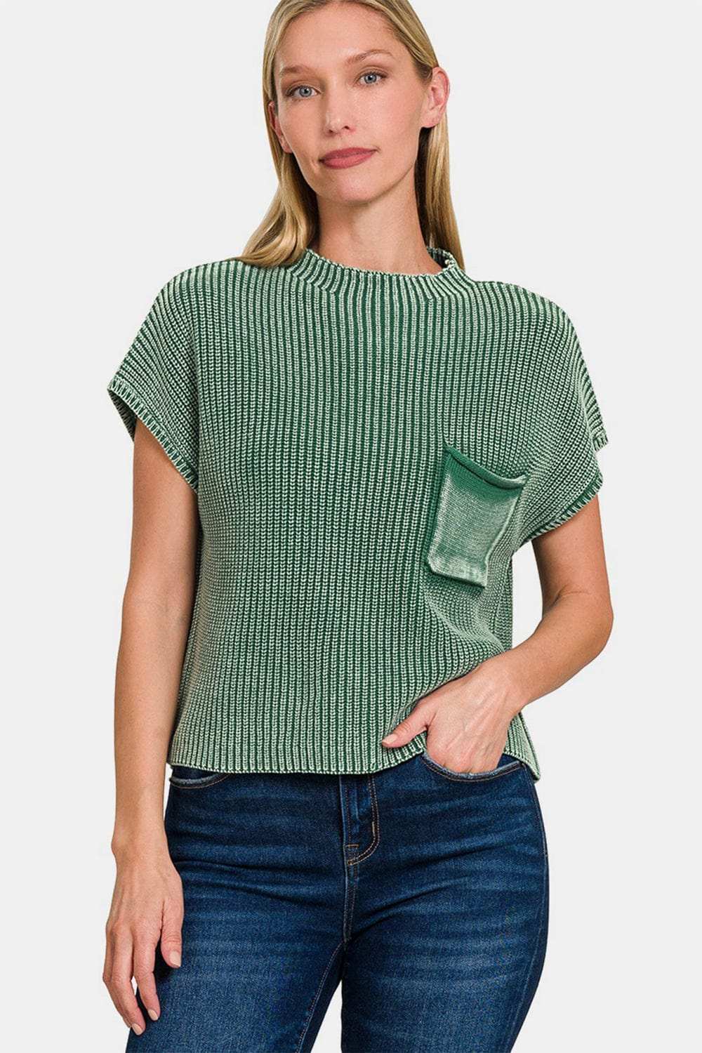 Zenana Washed Mock Neck Short Sleeve Cropped Sweater - Trendsi - Flyclothing LLC