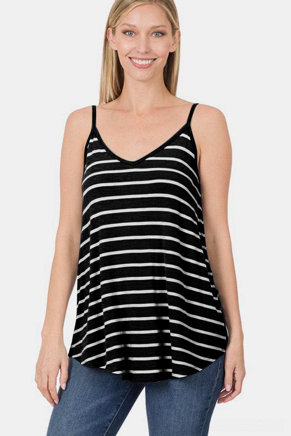 Zenana Striped V-Neck Curved Hem Cami - Trendsi - Flyclothing LLC