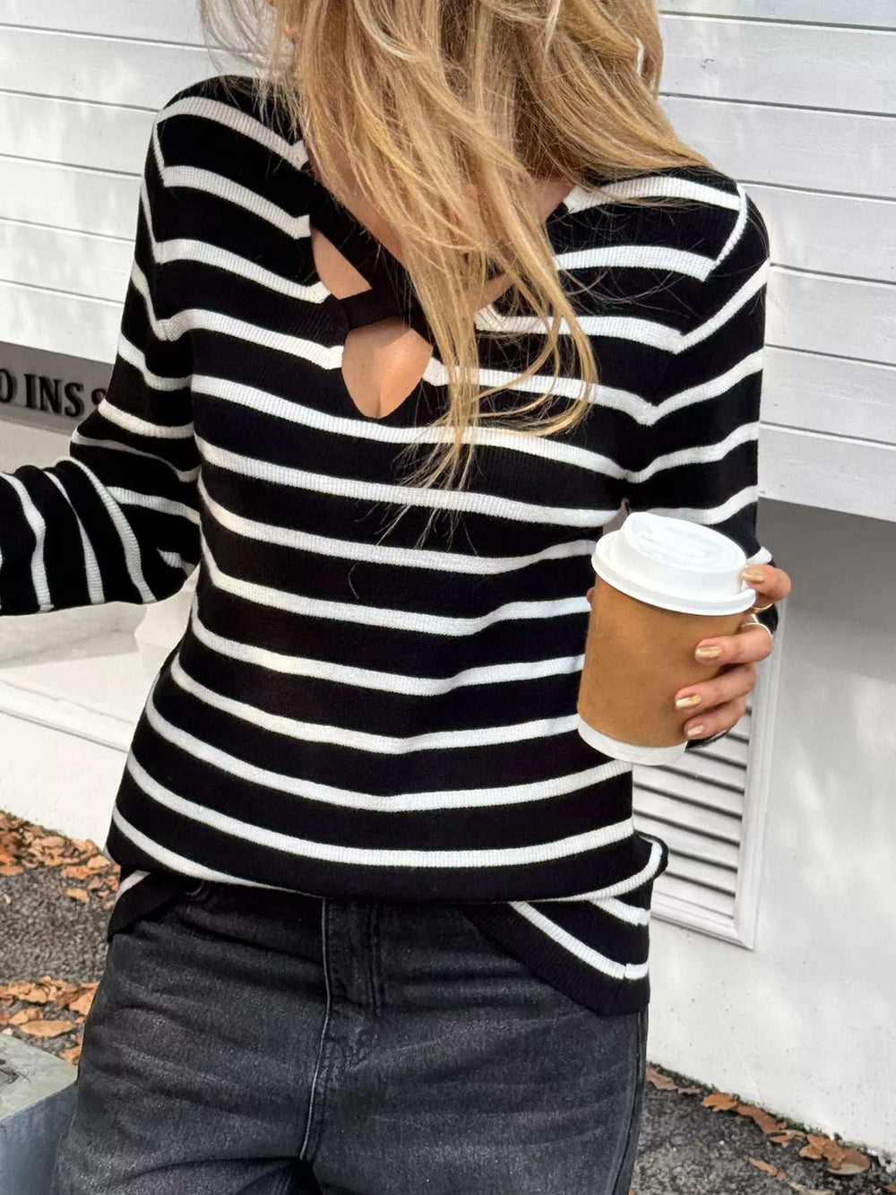 Striped Cross Front Long Sleeve Knit Top - Trendsi - Flyclothing LLC