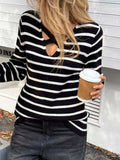 Striped Cross Front Long Sleeve Knit Top - Trendsi - Flyclothing LLC