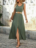Perfee Decorative Button Slit Sleeveless Midi Dress - Trendsi - Flyclothing LLC