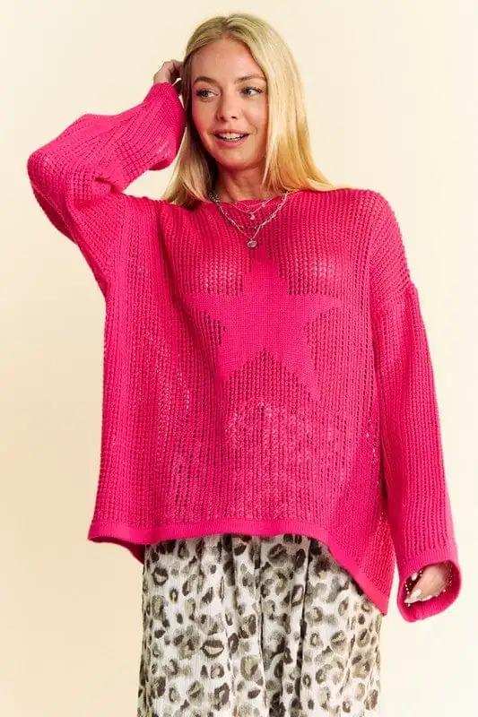 Davi & Dani Star Front Crochet Drop Shoulder Knit Top - Trendsi - Flyclothing LLC