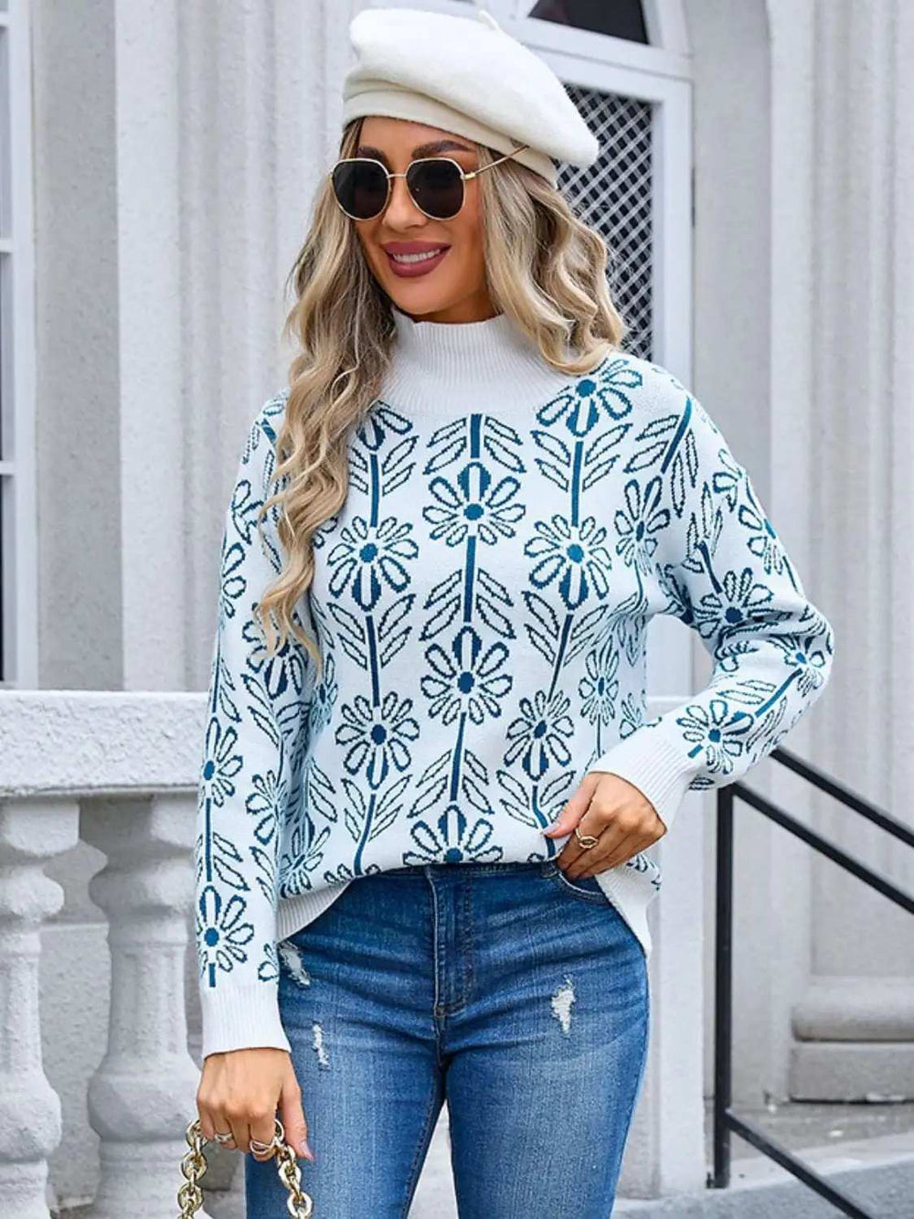 Flower Turtleneck Long Sleeve Sweater - Trendsi - Flyclothing LLC