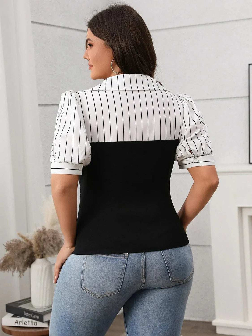 Plus Size Striped Johnny Collar Short Sleeve Blouse - Trendsi - Flyclothing LLC