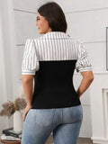 Plus Size Striped Johnny Collar Short Sleeve Blouse - Trendsi - Flyclothing LLC