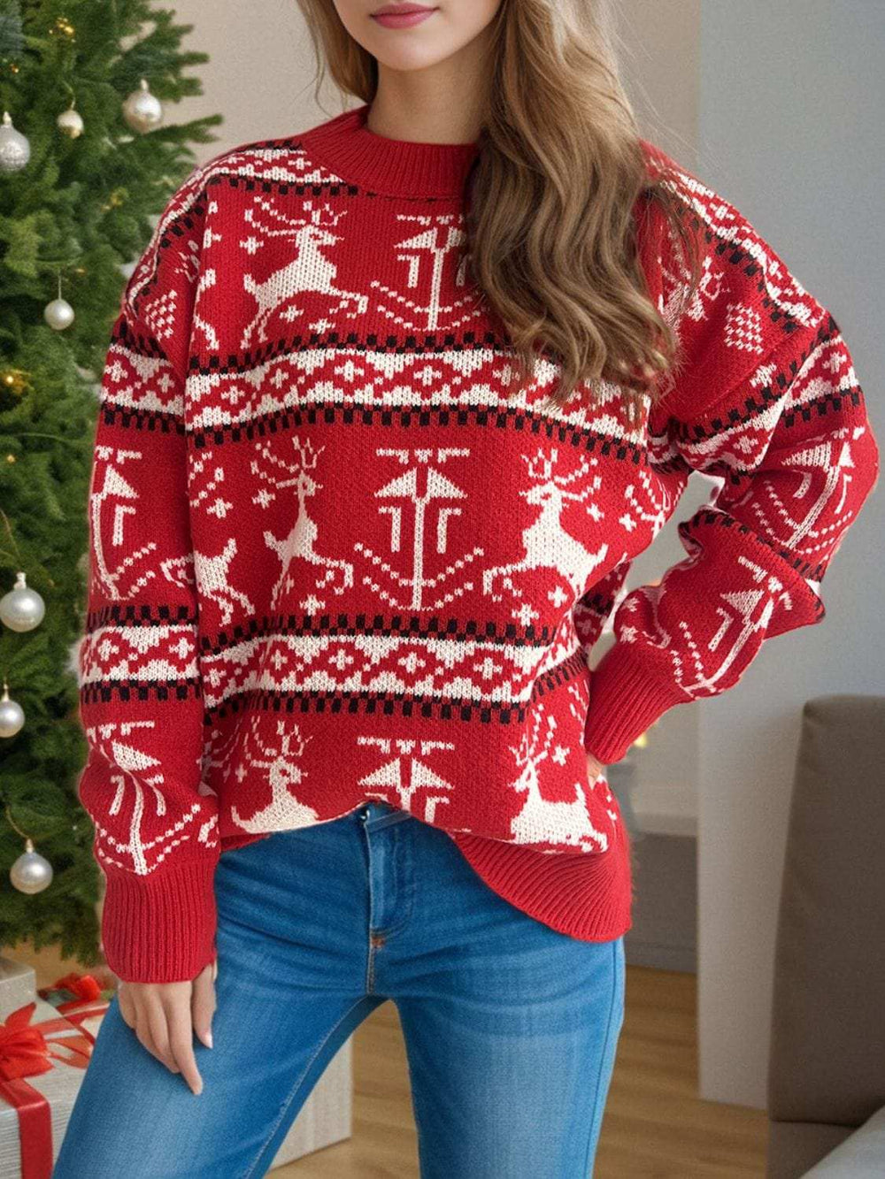 Christmas Element Round Neck Long Sleeve Sweater - Trendsi - Flyclothing LLC