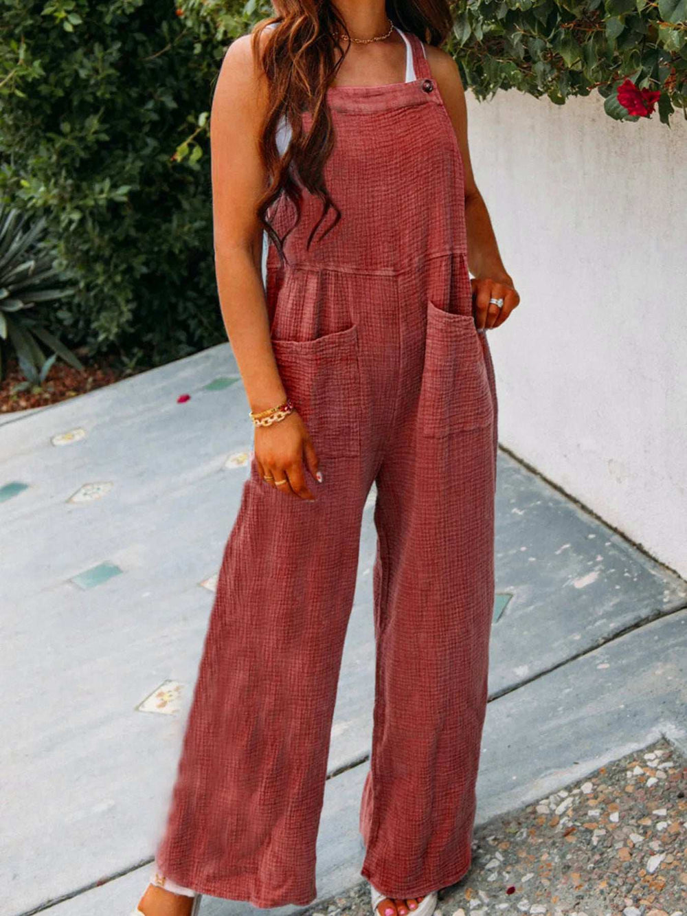 Full Size Casual Wide Leg Textured Overalls Plus Size - Trendsi - Flyclothing LLC