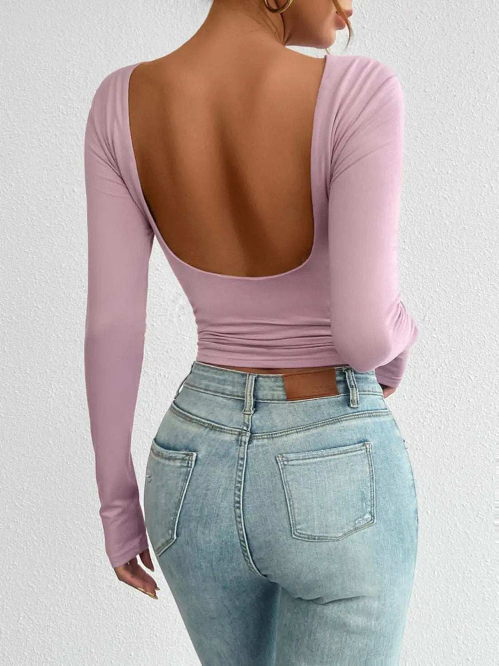 Backless Round Neck Long Sleeve T-Shirt - Trendsi - Flyclothing LLC