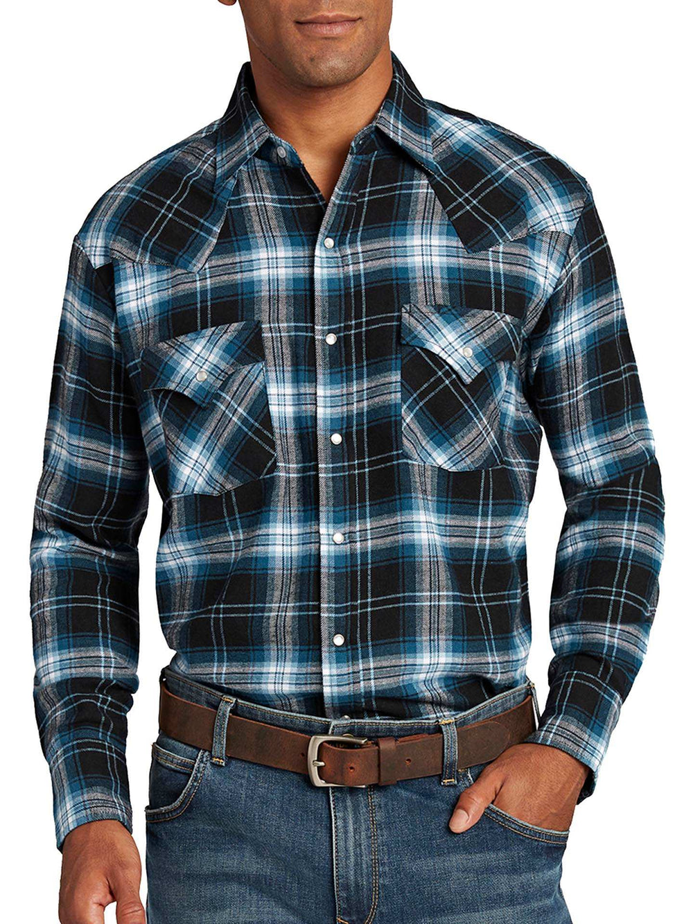 Men's Ely Cattleman Long Sleeve Brawny Flannel Western Snap Shirt- Black - Ely Cattleman - Flyclothing LLC