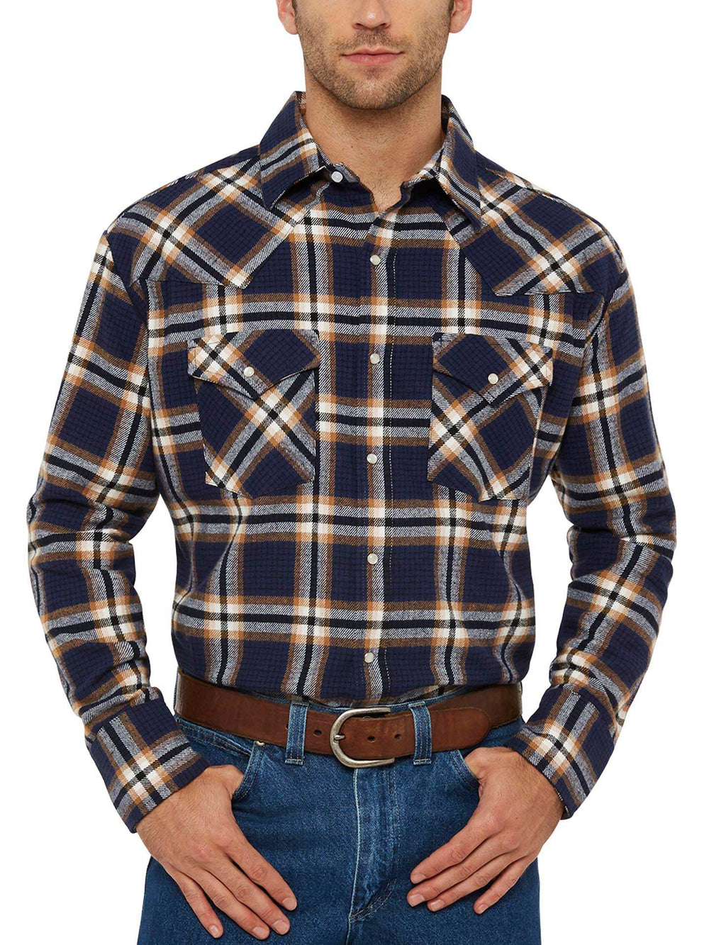 Men's Ely Cattleman Long Sleeve Brawny Flannel Western Snap Shirt- Navy - Ely Cattleman - Flyclothing LLC