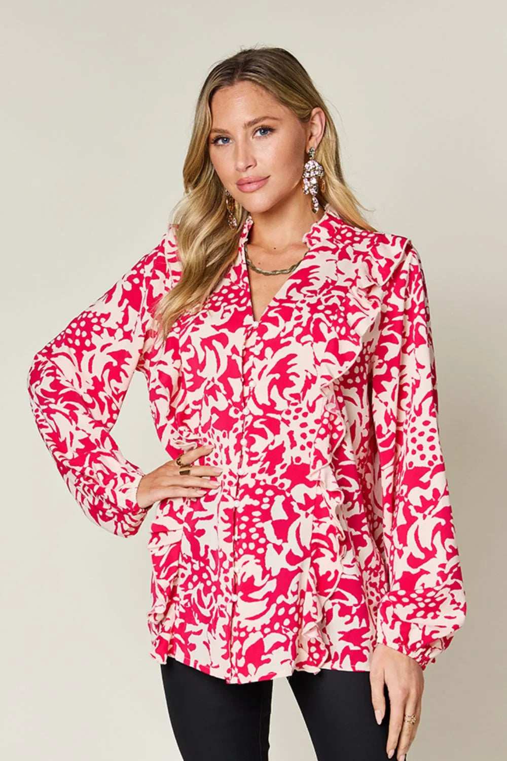Double Take Full Size Printed Ruffle Trim Balloon Sleeve Shirt - Trendsi - Flyclothing LLC