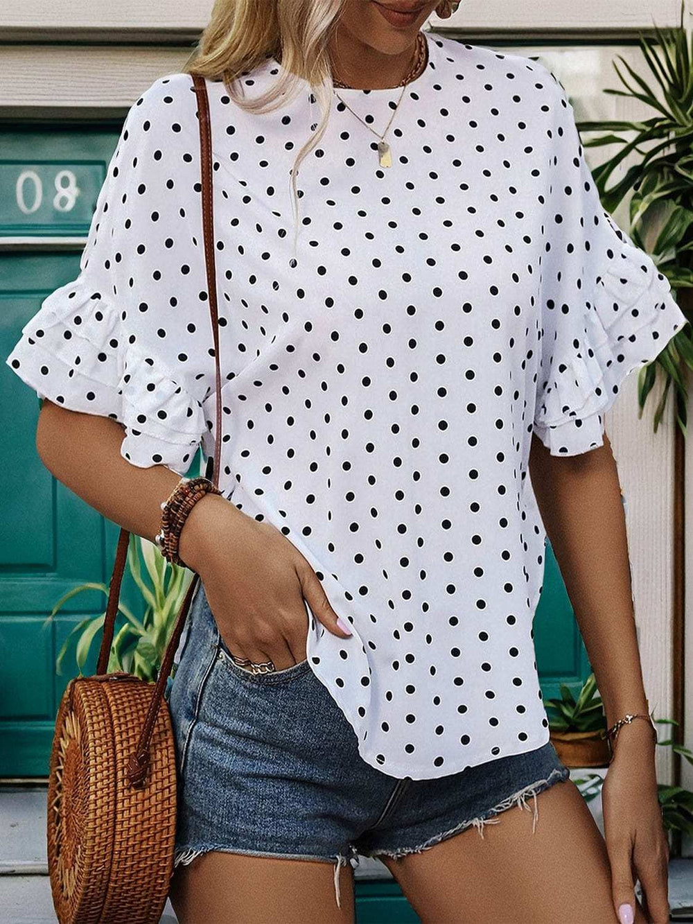 Slit Polka Dot Round Neck Half Sleeve Blouse - Trendsi - Flyclothing LLC