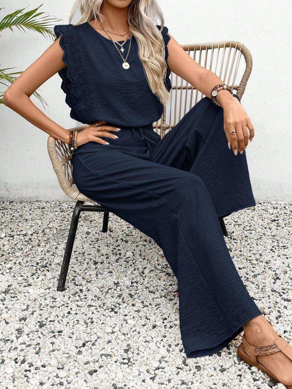 Lace Trim Round Neck Top and Pants Set - Trendsi - Flyclothing LLC