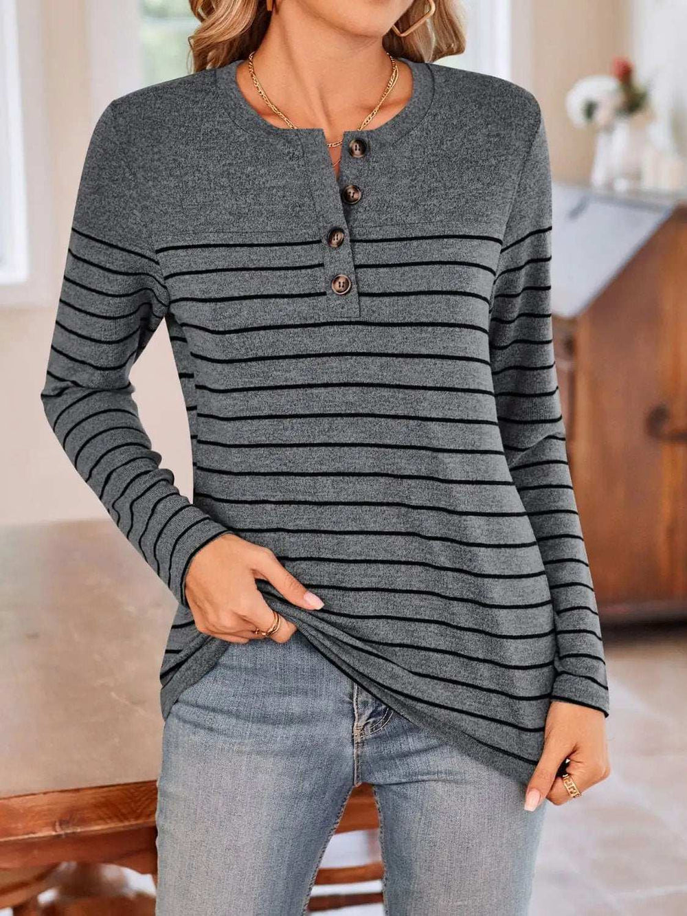 Lovelet Quarter Button Striped Round Neck Long Sleeve T-Shirt - Trendsi - Flyclothing LLC