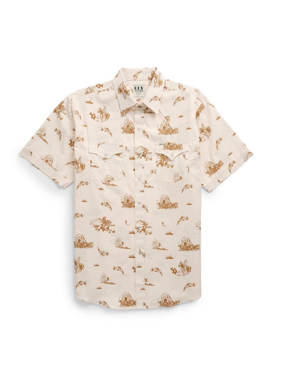 Men's Ely Cattleman Short Sleeve Cowboy Print Western Snap Shirt- Spice & Ecru - Ely Cattleman - Flyclothing LLC