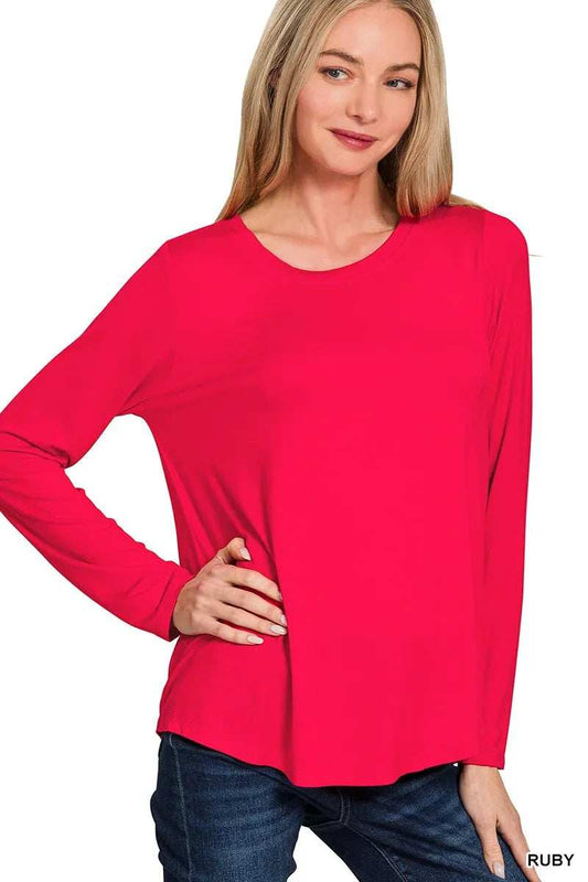 Zenana Flowy Round Hem Rayon Long Sleeve Top - Trendsi - Flyclothing LLC
