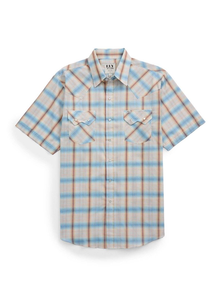Men's Ely Cattleman Short Sleeve Plaid Western Snap Shirt- Light Blue & Rust - Ely Cattleman - Flyclothing LLC