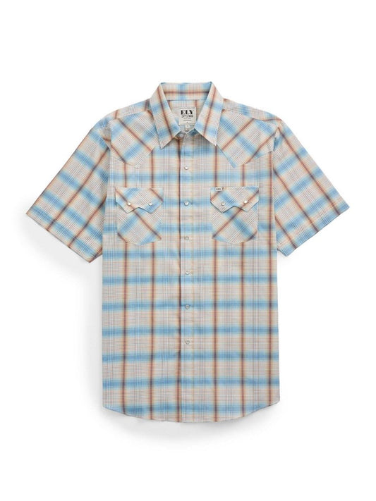 Men's Ely Cattleman Short Sleeve Plaid Western Snap Shirt- Light Blue & Rust - Ely Cattleman - Flyclothing LLC