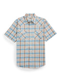 Men's Ely Cattleman Short Sleeve Plaid Western Snap Shirt- Light Blue & Rust - Ely Cattleman - Flyclothing LLC