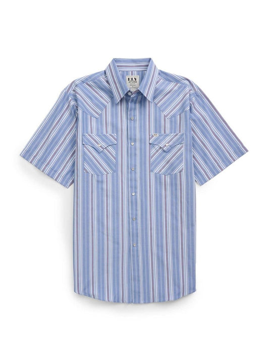 Men's Ely Cattleman Short Sleeve Stripe Western Snap Shirt- Rust & Chambray Blue - Ely Cattleman - Flyclothing LLC