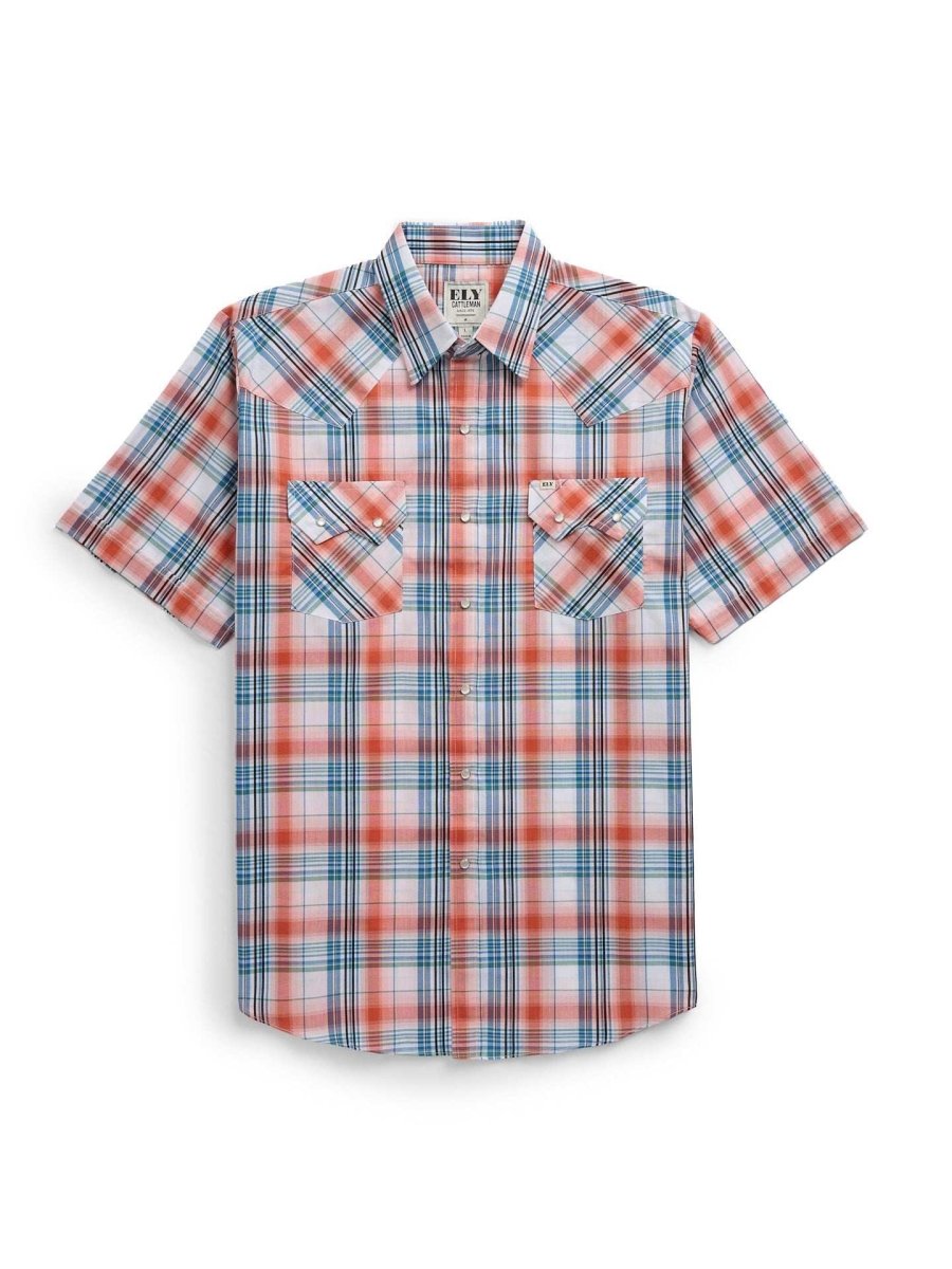Men's Ely Cattleman Short Sleeve Plaid Western Snap Shirt- Melon & Navy - Ely Cattleman - Flyclothing LLC
