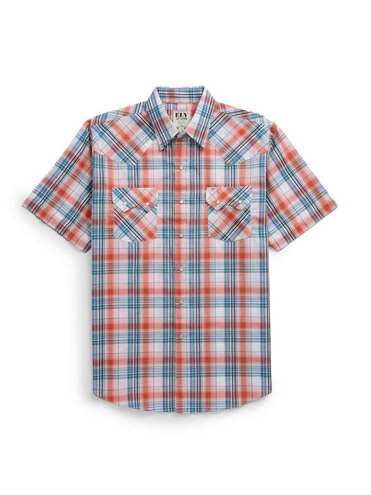 Men's Ely Cattleman Short Sleeve Plaid Western Snap Shirt- Melon & Navy - Ely Cattleman - Flyclothing LLC