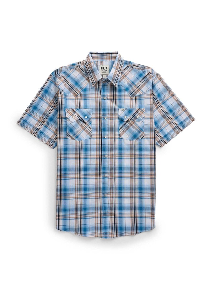 Men's Ely Cattleman Short Sleeve Plaid Western Snap Shirt- Melon & Navy - Ely Cattleman - Flyclothing LLC