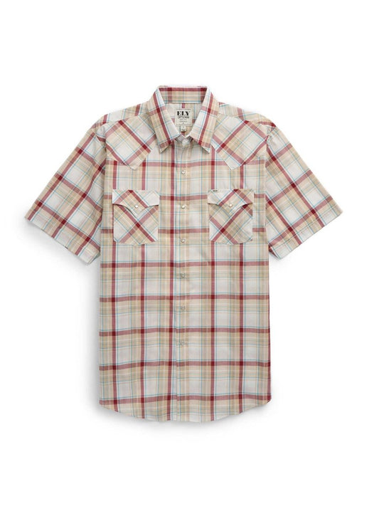 Men's Ely Cattleman Short Sleeve Plaid Western Snap Shirt- Ecru & Navy - Ely Cattleman - Flyclothing LLC
