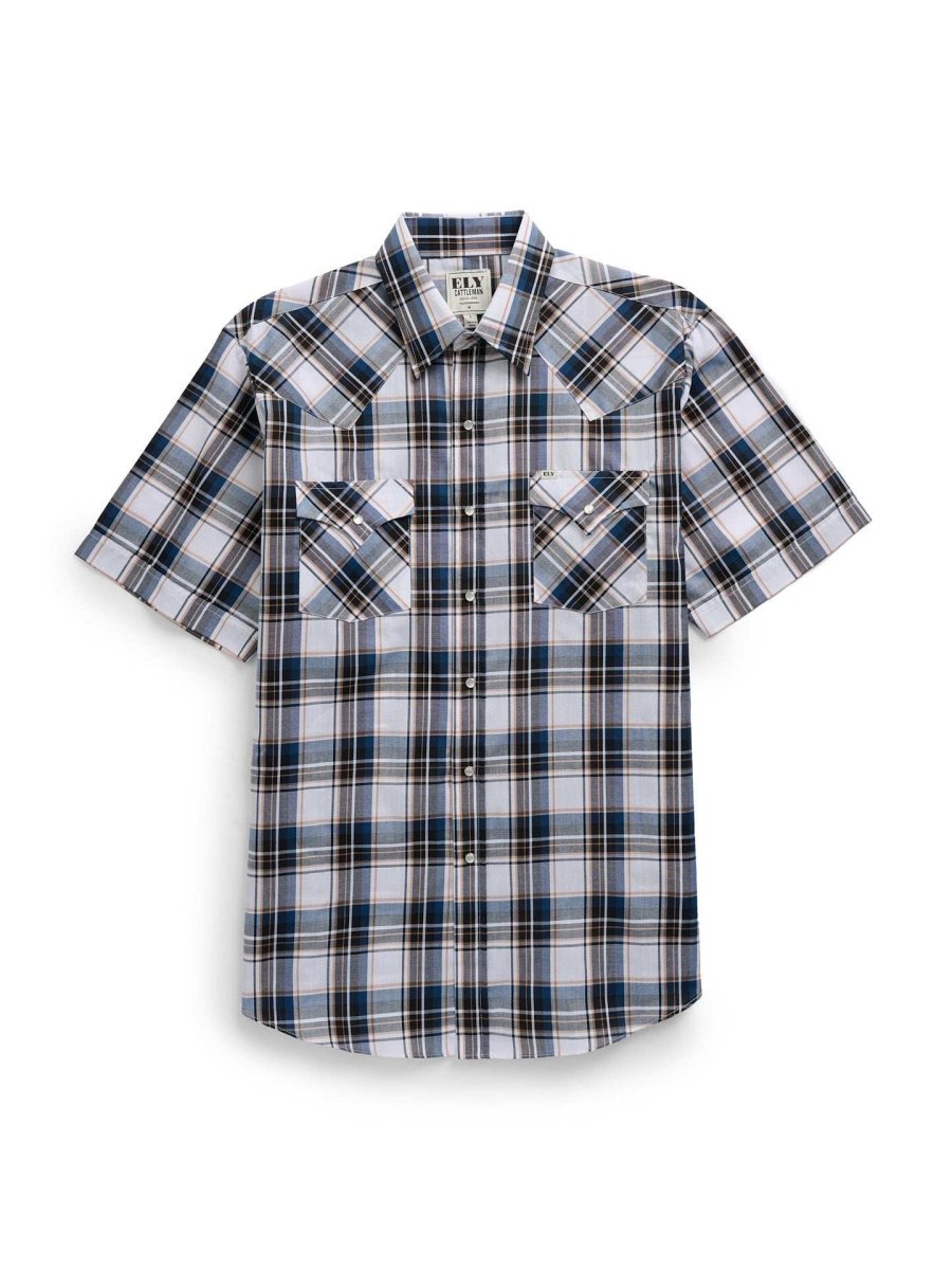 Men's Ely Cattleman Short Sleeve Plaid Western Snap Shirt- Ecru & Navy - Ely Cattleman - Flyclothing LLC