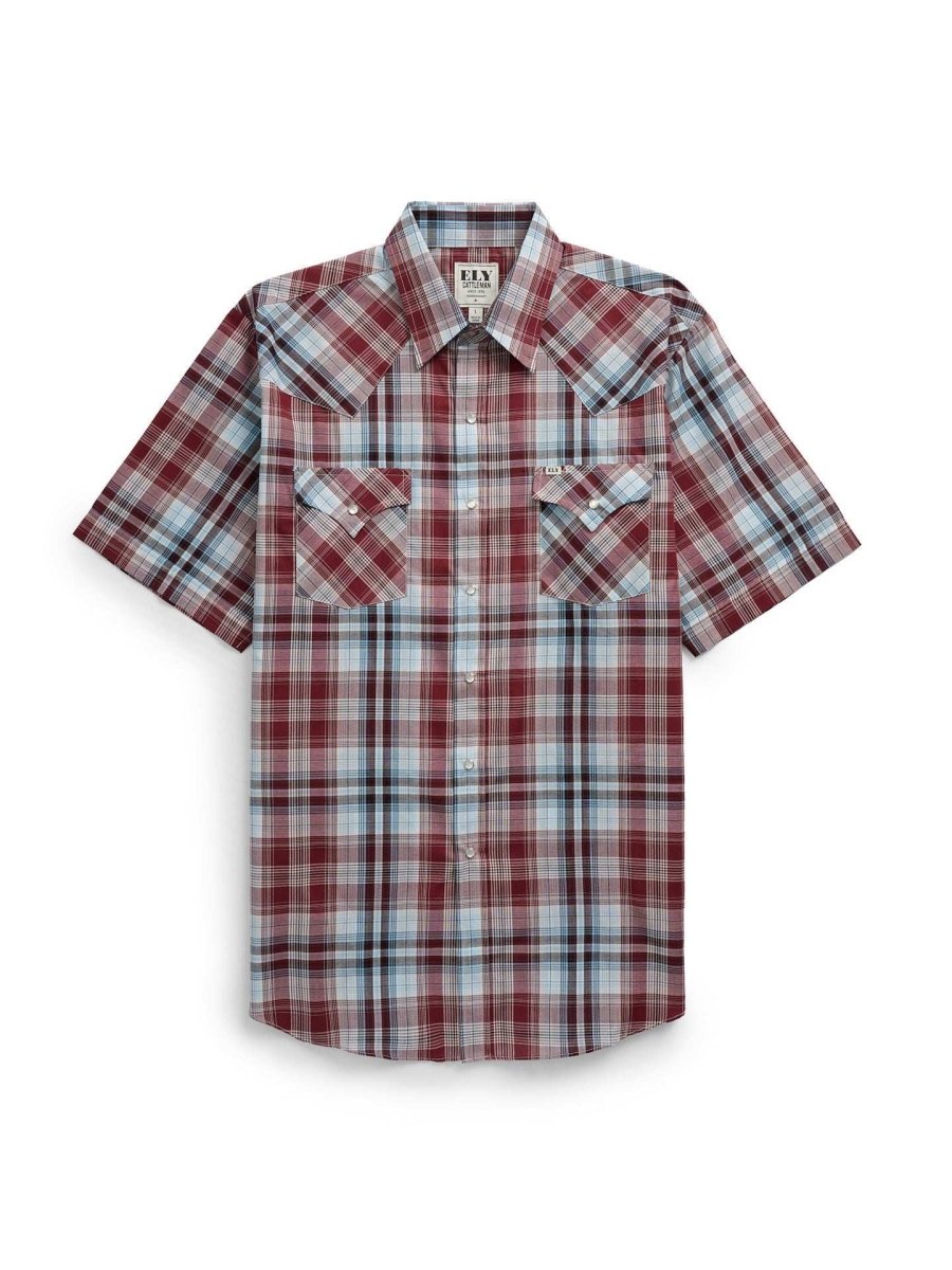 Men's Ely Cattleman Short Sleeve Burgundy Plaid Western Snap Shirt - Ely Cattleman - Flyclothing LLC