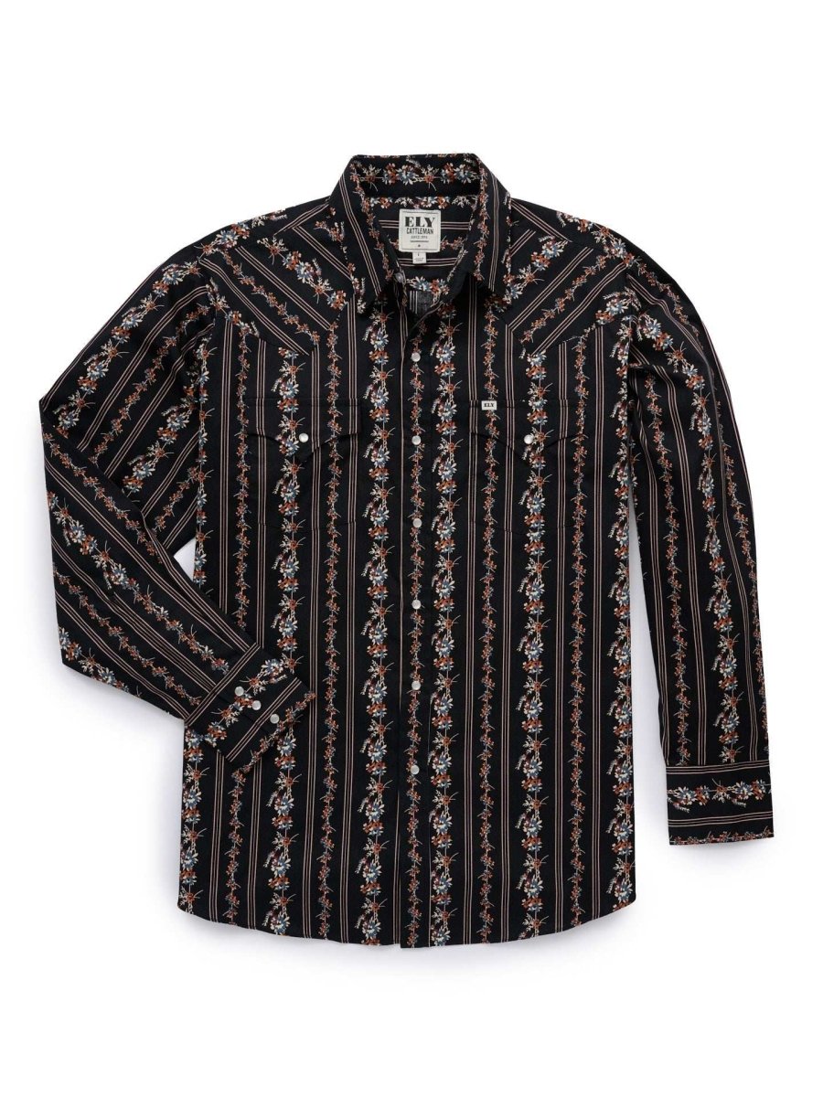 Men's Ely Cattleman Long Sleeve Wallpaper Floral Stripe Western Snap Shirt - Ecru & Black - Ely Cattleman - Flyclothing LLC