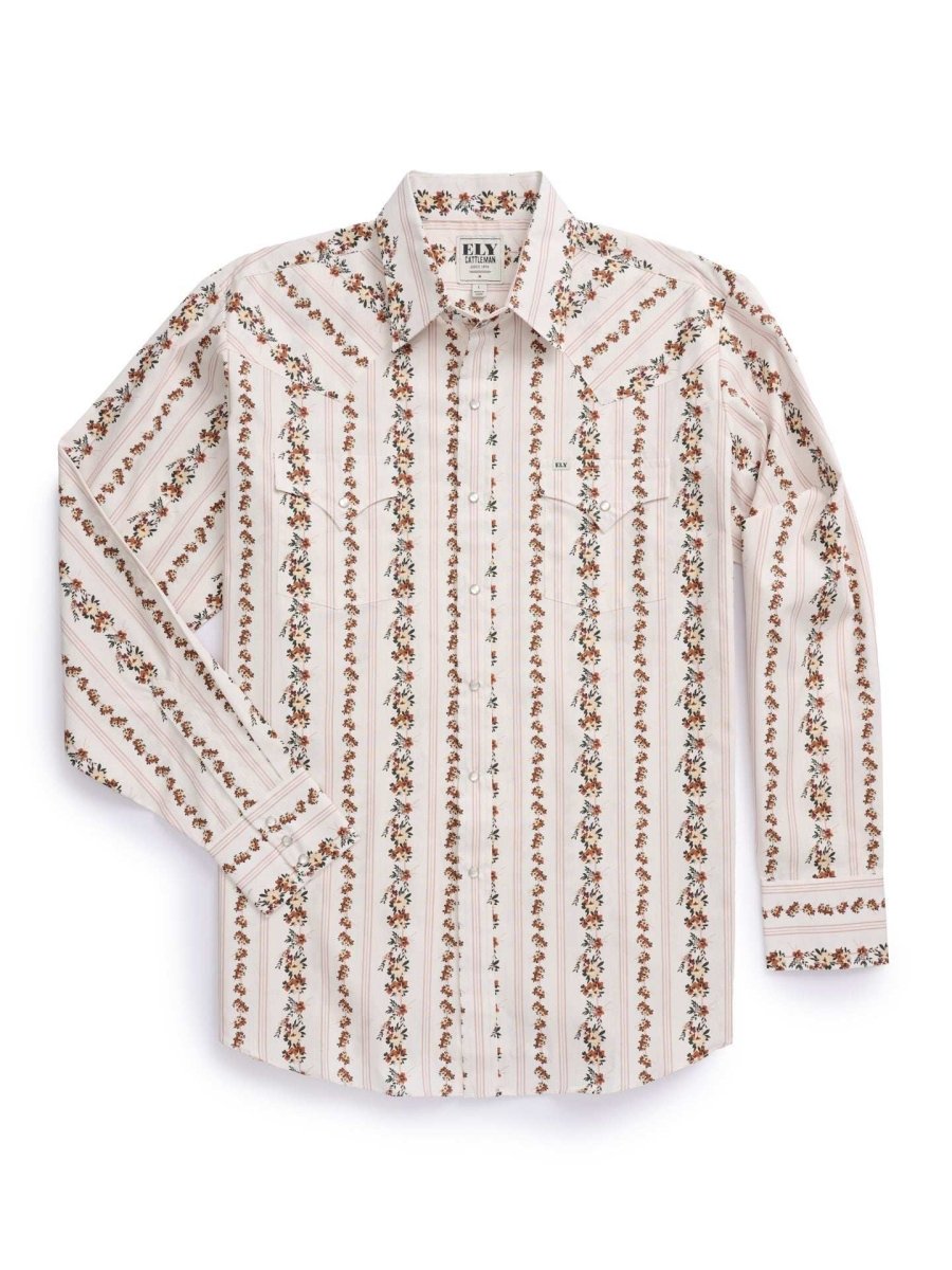 Men's Ely Cattleman Long Sleeve Wallpaper Floral Stripe Western Snap Shirt - Ecru & Black - Ely Cattleman - Flyclothing LLC