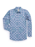 Men's Ely Cattleman Long Sleeve Checkered Patchwork Print Western Snap Shirt - Denim Blue - Ely Cattleman - Flyclothing LLC
