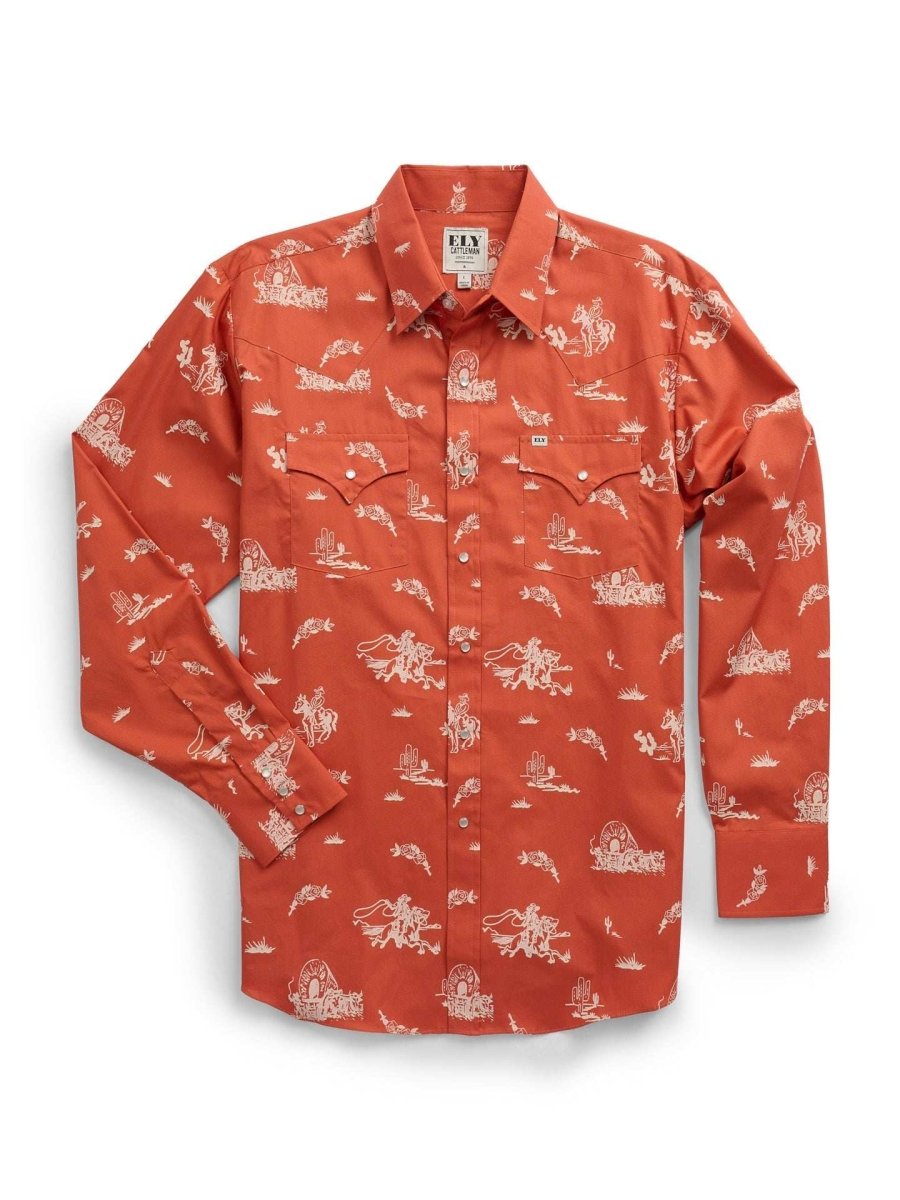 Men's Ely Cattleman Long Sleeve Cowboy Print Western Snap Shirt- Spice - Ely Cattleman - Flyclothing LLC