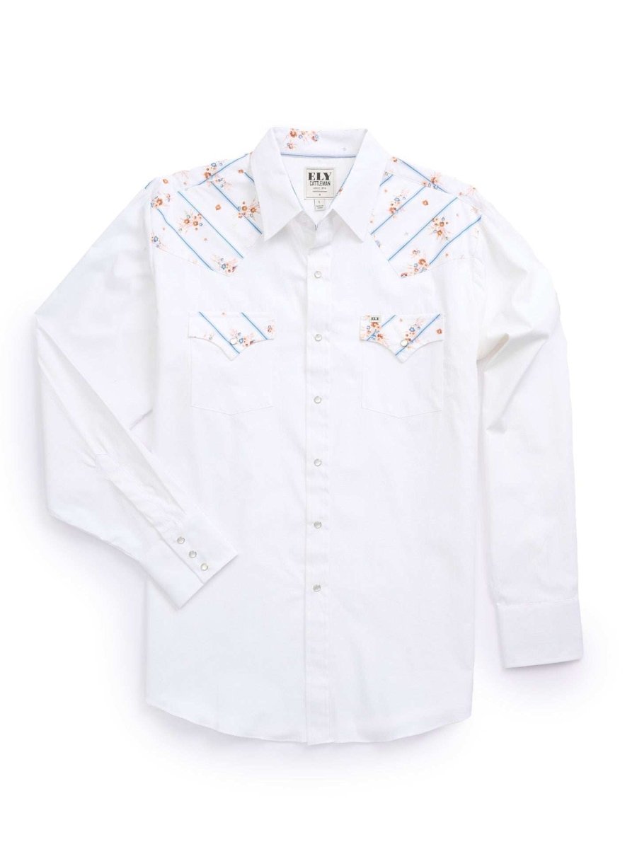Men's Ely Cattleman Long Sleeve Solid Floral Stripe Print Western Snap Shirt -White - Ely Cattleman - Flyclothing LLC