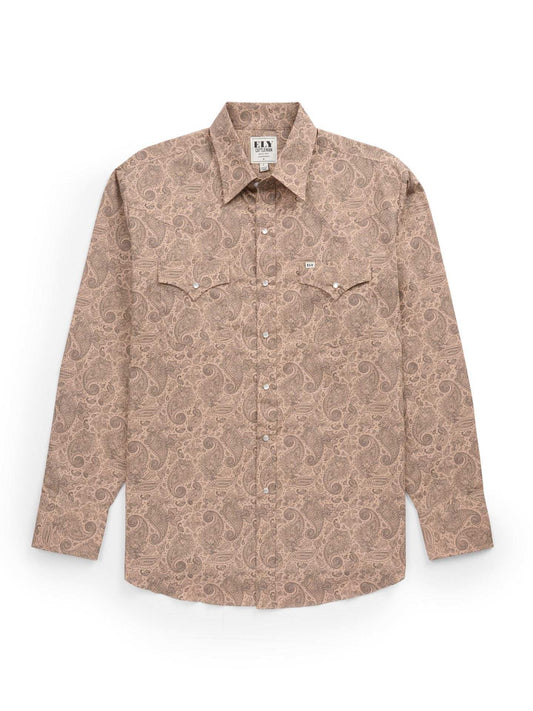 Men's Ely Cattleman Long Sleeve Paisley Print Western Snap Shirt- Khaki - Ely Cattleman - Flyclothing LLC
