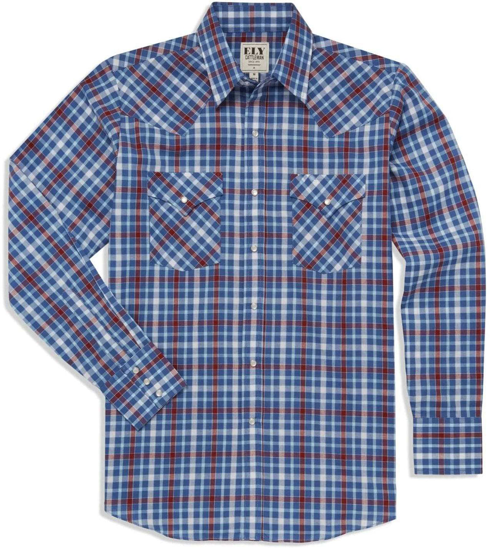 Men's Ely Cattleman Long Sleeve Heritage Plaid Western Snap Shirt- Blue & White - Ely Cattleman - Flyclothing LLC