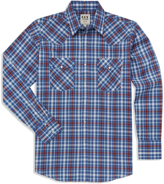 Men's Ely Cattleman Long Sleeve Heritage Plaid Western Snap Shirt- Blue & White - Ely Cattleman - Flyclothing LLC