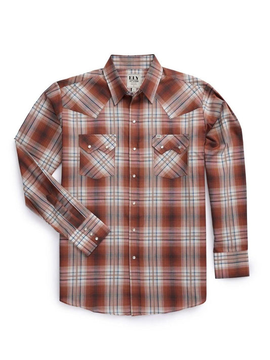 Men's Ely Cattleman Long Sleeve Textured Plaid Western Snap Shirt- Rust & Navy - Ely Cattleman - Flyclothing LLC