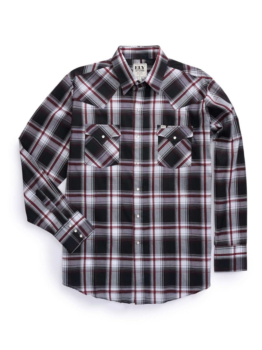 Men's Ely Cattleman Long Sleeve Textured Plaid Western Snap Shirt- White & Black - Ely Cattleman - Flyclothing LLC